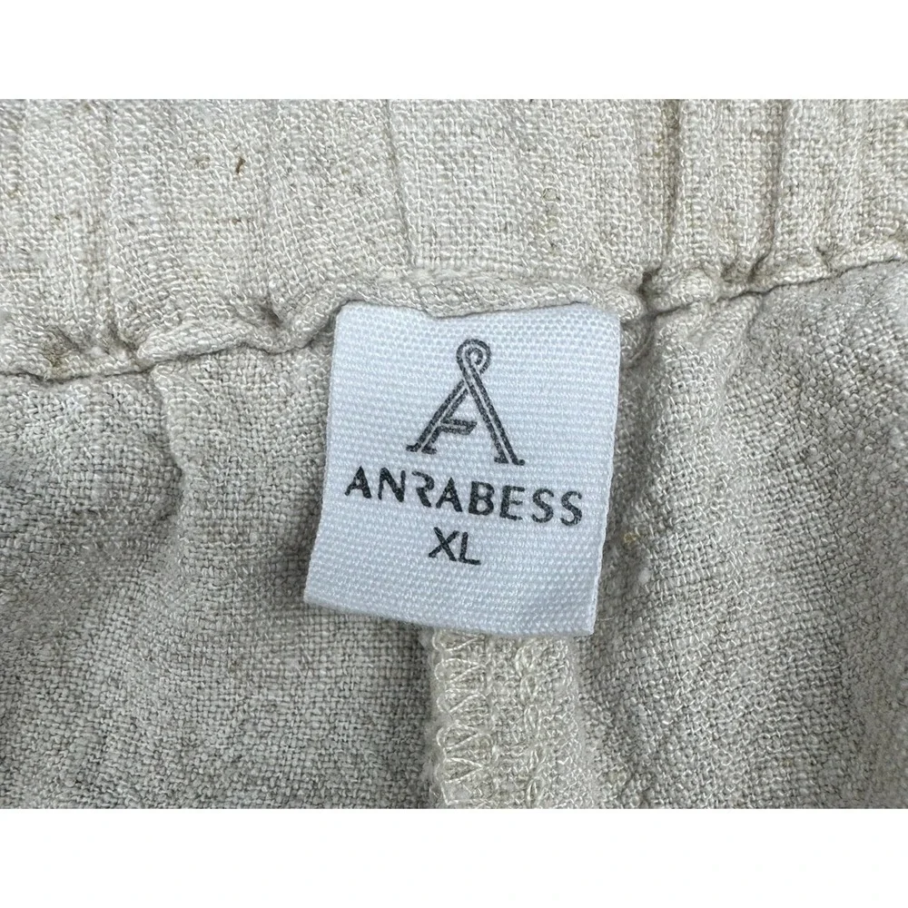 Anrabess‎ Womens XL Linen Blend Wide Leg Pants Oatmeal Beige Drawstring Casual
